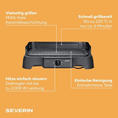 Настільний гриль Severin PG 8595 для дому та вулиці (кухня, балкон), 2000 Вт, 40-220C, 39x23 см, чорний