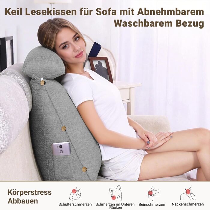 Подушка для читання GOZYLA клиноподібна 60x50x20 см трикутна бавовняна регульована подушка для шиї, поперекової опори, спинки, для домашнього офісу, ліжка, дивана, стіни, кемпера, фургона, любителів читання, сірого кольору 60x50x20 см
