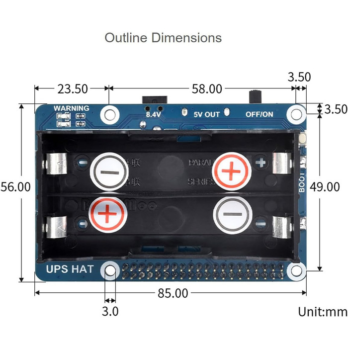 ДБЖ Waveshare HAT Сумісний з джерелом безперебійного живлення Raspberry Pi 5 В Схеми захисту кількох акумуляторів Одночасний заряд і вихідна потужність ДБЖ HAT (EN)