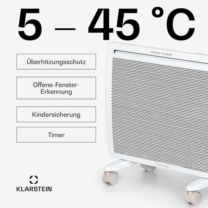 Електричний обігрівач Klarstein, конвектор та інфрачервоний обігрівач, окремостоячий, енергозберігаючий електричний обігрівач, датчик відкритого вікна, електричне опалення, електричний радіатор з термостатом, 1000 Вт, білий