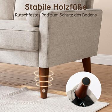 Місний диван Vesgantti, 121 см, сучасний попелясто-бежевий диван з 2 декоративними подушками, невеликий тканинний диван з підлокітниками, подушки сидіння на ґудзиках, гостьовий диван для вітальні/квартири/офісу, лляний попелясто-бежевий, 2-