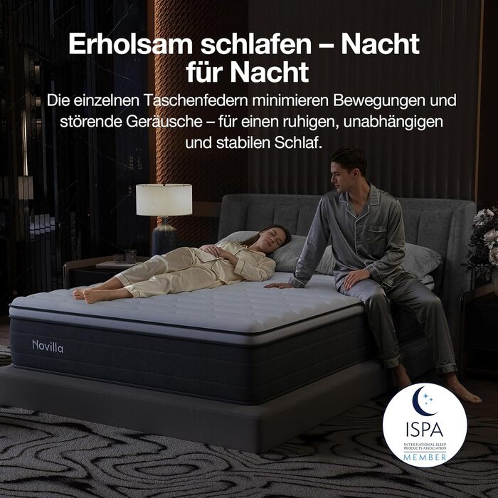 Матрац Novilla 140x200, H3 7-зонний пружинний матрац з кишеньковою структурою для цілеспрямованої підтримки, хвилеподібний шар комфортної піни для покращеної повітропроникності, сертифікований Oeko-Tex, висота 25 см x 25 см, 140 x 200 см