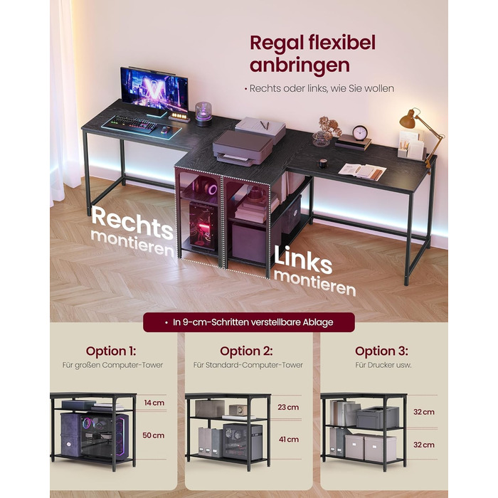 Г-подібний кутовий стіл, комп&39ютерний стіл з місцем для зберігання, офісний стіл, полиця з регульованою висотою, для домашнього офісу, 110 x 80 см, чорний колір ебенового дерева LWD135BE01 Чорний колір ебенового дерева 110 x 80 см Без подовжувача