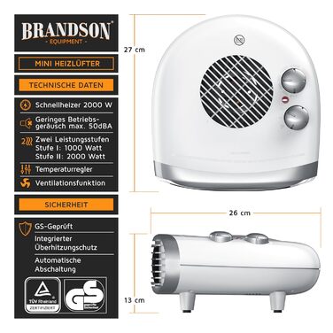 Енергозберігаючий тихий вентилятор-обігрівач Brandson, 3 рівні потужності, вентилятор-обігрівач для ванної кімнати з термостатом, індикатор роботи, 2000 Вт, низький рівень шуму, енергоефективний, захист від перегріву, автоматичне вимкнення A Білий