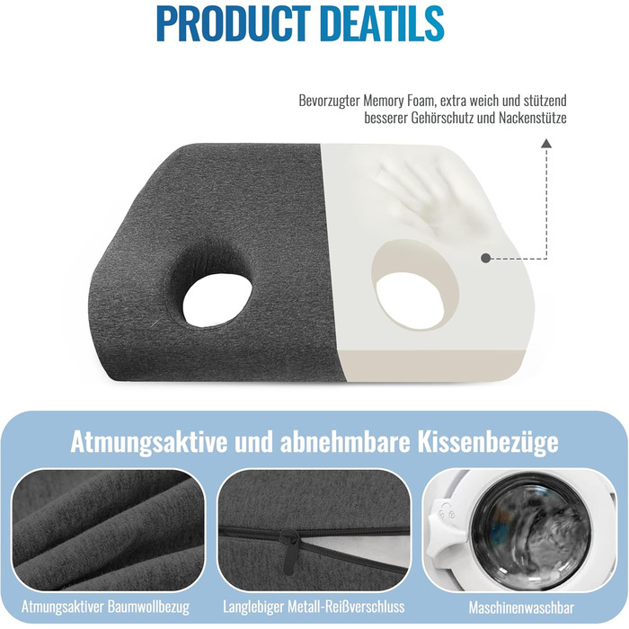 Подушка Johnear з отвором для вуха, подушка для пірсингу для тих, хто спить на боці, подушка з піни з ефектом пам&39яті для тих, хто спить на боці, щоб полегшити біль у вухах, ергономічна подушка для сну з піни з ефектом пам&39яті для сну на боці