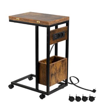 Приставний столик Hadulcet для дивана, С-подібний приставний столик, розкладна стільниця, столик для ноутбука з колесами, зарядна станція, вузький приставний столик для вітальні, спальні, висота 70 см, приставний столик темно-коричневого кольору