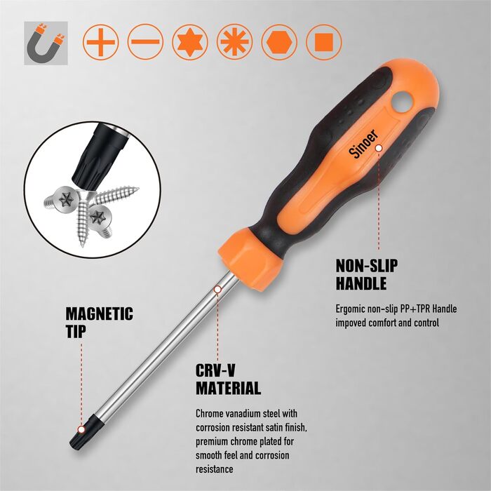 Набір магнітних викруток Sinoer 70 предметів у кейсі плоскі, хрестоподібні, Torx, шестигранники, квадратні, Pozidriv та прецизійні викрутки