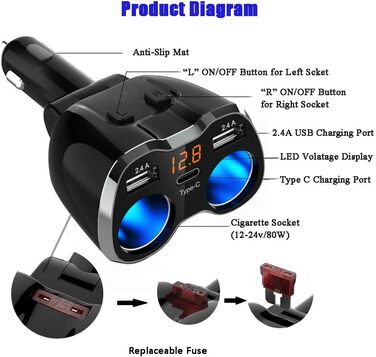 Автомобільний зарядний пристрій прикурювач розподільник адаптер розгалужувач тип C автомобільний зарядний пристрій 2 відділення ро