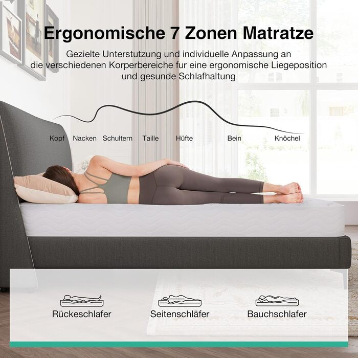 Матрац Novilla 140x200 см 7-зонний пружинний матрац Pocket Spring Висота 20 см Рівень жорсткості H3 Сертифіковано Oeko-Tex Дихаючий та стабільний розмір 20 см 140 x 200 см