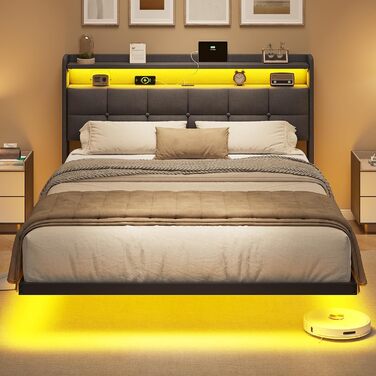 М&39яке ліжко 140x200 см, Каркас двоспального ліжка, Каркас ліжка зі світлодіодним освітленням та зарядною станцією, Каркас ліжка з узголів&39ям, Плаваючий каркас ліжка, Металеве ліжко, Льняне, Темно-сірий (без матраца) 140 x 200 см Темно-сірий