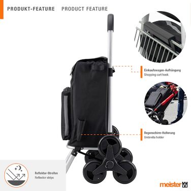 Чорний складаний візок для покупок Meister, 54 5 л подолання 3-х сходинок з термосумкою знімний водонепроникний мішок з гачком для кріплення до візка