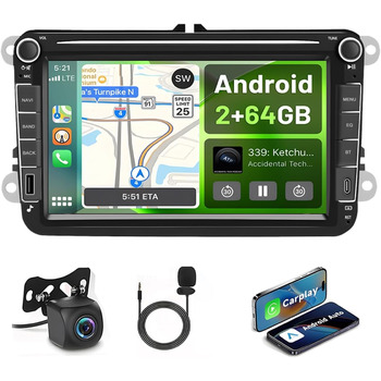Автомагнітола Hikity для Golf 5 6 Passat Jetta Caddy Polo cc Tiguan EOS Touran T5 Scirocco Бездротове керування Carplay та Android Auto, 7-дюймовий сенсорний екран Android 2 ГБ 64 ГБ, Bluetooth, FM, DSP, RDS/Mirror Link 264 ГБ S1