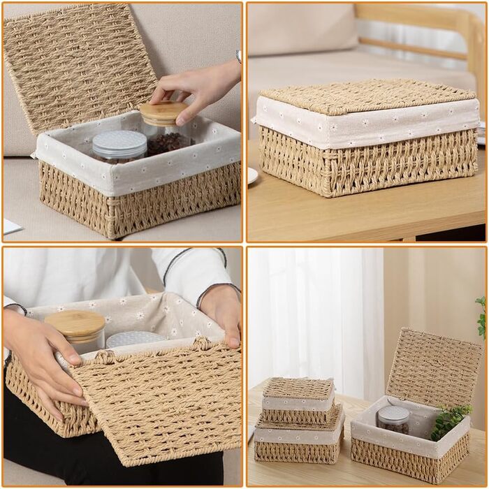 Набір кошиків із 3 предметів з кришками, плетені кошики для зберігання 3 розмірів, плетені кошики з паперової мотузки, підкладка для зберігання у ванних кімнатах, косметики, стільниць та шаф.