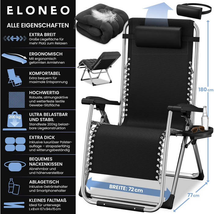 Складаний шезлонг ELONEO з преміальною подушкою, всепогодний шезлонг з вантажопідйомністю 200 кг, надзвичайно широкий садовий стілець, садовий шезлонг з регульованою спинкою, подушкою для шиї та тримачем для напоїв, антрацит