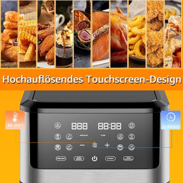 Аерофритюрниця PRIJESSE XXL 8 літрів Аерофритюрниця Цифрова фритюрниця 10-в-1 Розумна фритюрниця Духова шафа без масла з цифровим світлодіодним сенсорним екраном Можна мити в посудомийній машині 1500 Вт Чорний