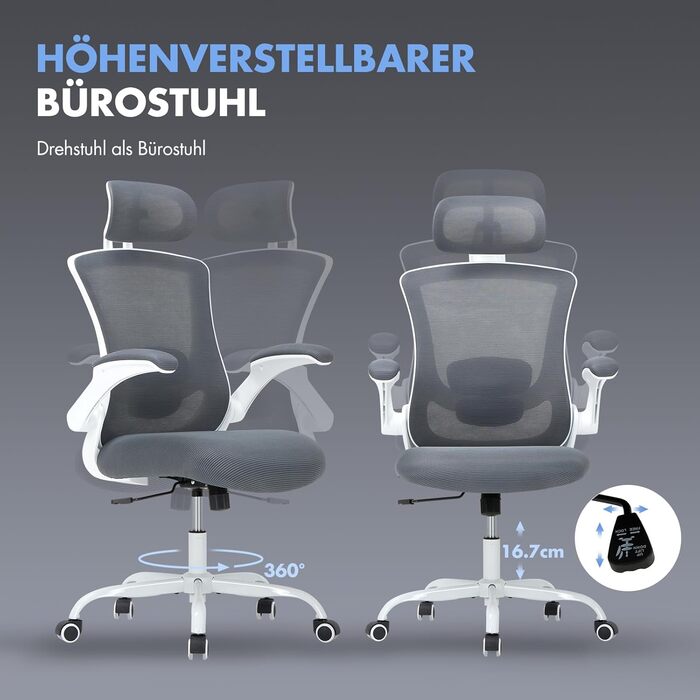 Офісне крісло COLAMY Mesh, комп&39ютерне крісло з регульованим підголівником та поперековою опорою, ергономічне робоче крісло з відкидними підлокітниками, функція нахилу 140, сірий класичний