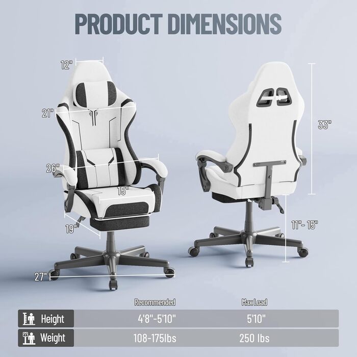 Геймерське крісло з поперековою опорою, ергономічне офісне крісло, регульована спинка, потовщена подушка, міцне ігрове крісло, висувна підставка для ніг, комп&39ютерне крісло з підлокітниками, поворот на 360, біле, 68 см x 68 см x 117 см, сірий