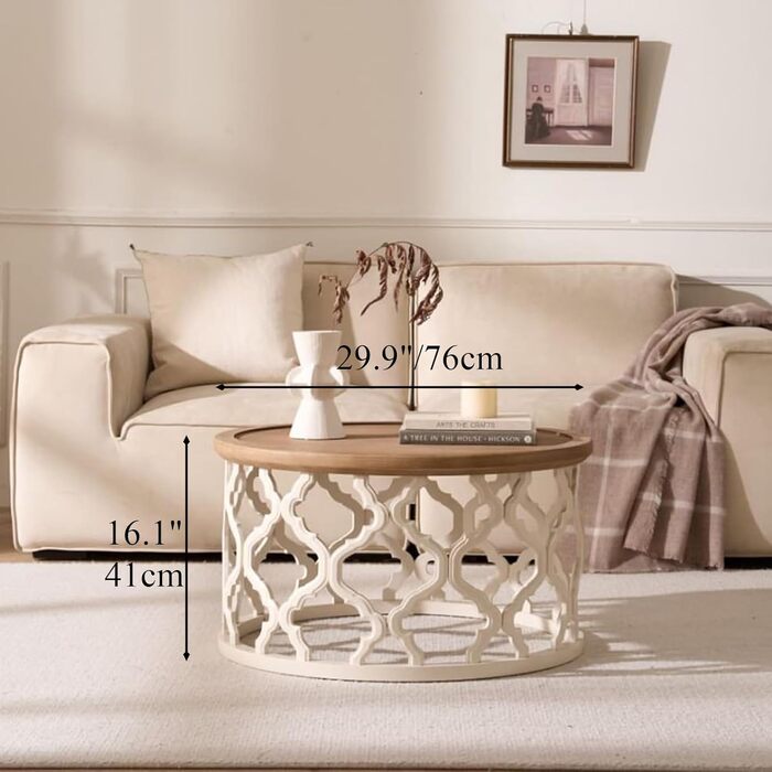Круглий журнальний столик, дерев&39яний стіл для вітальні з ажурними ніжками, сучасний диванний столик з піднятими краями для вітальні/спальні, круглий журнальний столик Ø76x41см (Ø76x41см)