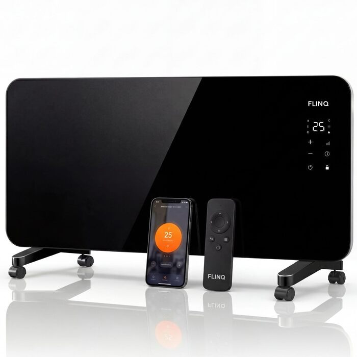 Розумний конвектор FlinQ 2000 Вт - Скляний конвектор, керування за допомогою застосунку - Обігріває до 60 м - Портативний електричний обігрівач - 96 x 46 x 13 см - Чорний