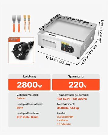 Професійна електрична гриль-платформа VEVOR, електрогриль-гридль з регулюванням температури 50300 C, 450x300 мм (комплект 2 лопатки, 2 щітки, 4 ніжки)