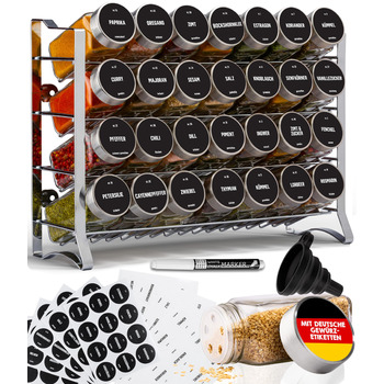 Підставка для спецій Deco haus, настінна та настінна З 28 БАНКАМИ ДЛЯ СПЕЦІЙ ТА ЕТИКЕТКАМИ - Органайзер для спецій - Органайзер для підставки для спецій - Підставка для спецій, підвісні підставки для спецій - Шафа для підставки для спецій, чорне місце для