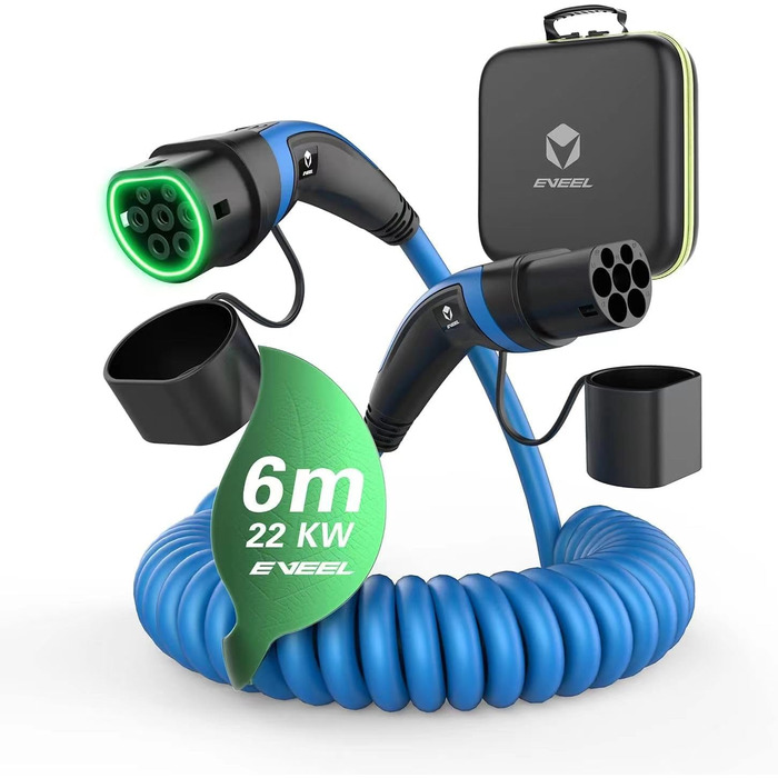 Тип 2 зарядний кабель 22кВт синя спіраль 6М зарядний кабель тип 2 спіральний кабель 32А 3 фази зарядний кабель електромобіля тип 2