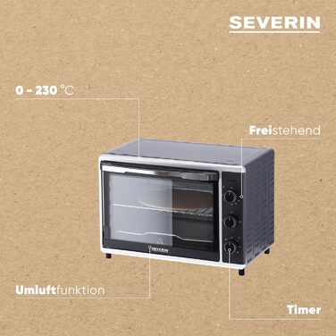 Духова шафа SEVERIN з функцією конвекції, міні-піч з решіткою для гриля, деком для випікання, грилем і каменем для піци, універсальна конвекційна піч ємністю 42 л, 1 800 Вт, чорна, TO 2058 42 л з практичним грилем і каменем для піци