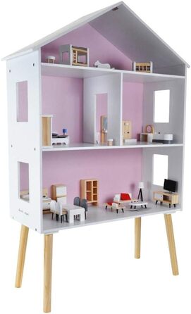Дерев&39яний ляльковий будиночок "Бандити та ангели", білий та рожевий, сучасна вілла, вік 3, висота 115,5 см включає 47 предметів меблів ляльковий будиночок іграшка для ляльок, висота 115 см