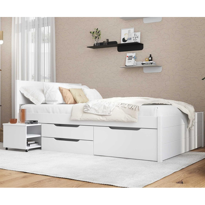 Ліжко з шухлядами - Двоспальне ліжко 140x200 см - Двоярусне ліжко з місцем для зберігання - Масив сосни - 2 шухляди та 1 коробка для зберігання - Включає рейкову основу - Білий лак - Efetivo 140x200 см 140 x 200 см Efetivo White з узголів&39ям