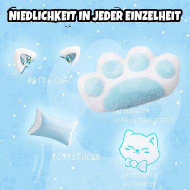 Миле ігрове крісло з поперековою подушкою у формі котячої лапи та котячими вушками, ергономічне ігрове крісло з підставкою для ніг, регульоване ігрове крісло для ПК для дівчаток, підлітків, дітей, синього кольору