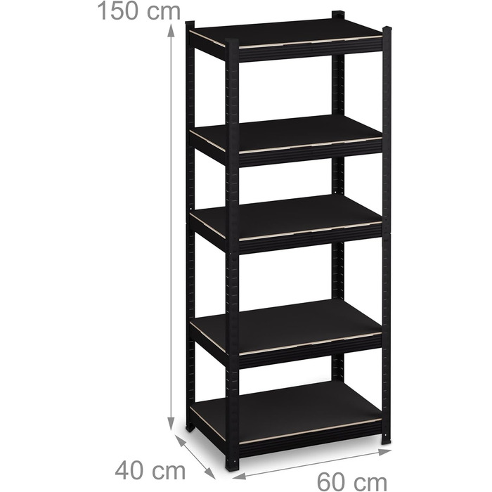Надміцний стелаж Relaxdays, ВxШxГ 150x60x40 см, 1250 кг, 5 полиць, сталь, полиця для зберігання в підвалі, гаражі, вставного типу, чорний