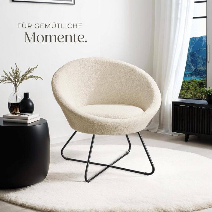 Кругле коктейльне крісло tectake з букле, крісло Тіффані, крісло для читання, безперервна спинка, крісло для вітальні, скандинавське крісло для годування, крісло-реклайнер, крісло для відпочинку - Boucl Off-White