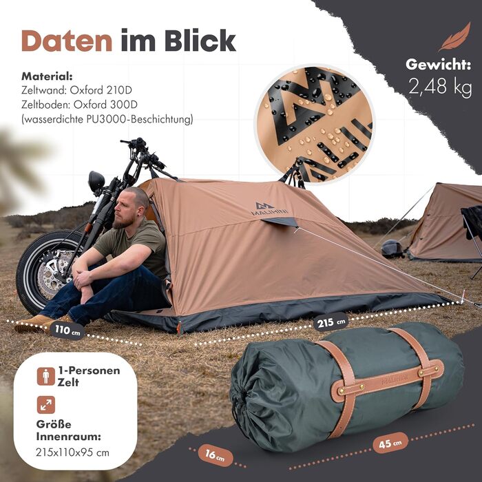 Мотоциклетний намет MALIHINI Намет на 1 особу Ультралегкий та компактний, водонепроникний намет для мотоциклістів та як чохол для мотоцикла Сумісний з усіма мотоциклами Велотуризм та кемпінг, колір хакі