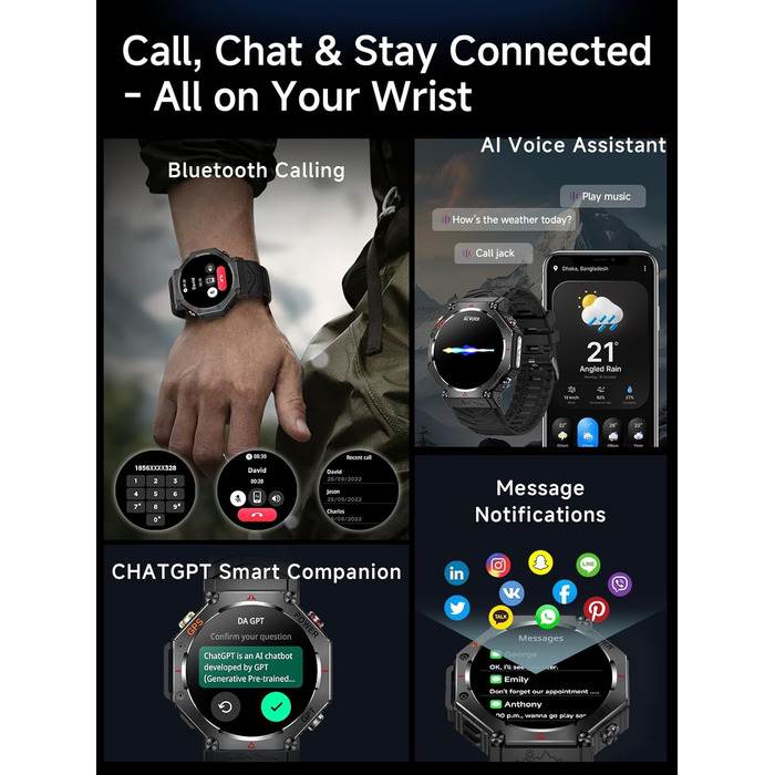 Смарт-годинник для чоловіків, військовий смарт-годинник 2026 року, спортивний годинник, фітнес-годинник 1,39 дюйма для Android та iOS, водонепроникний фітнес-трекер з функцією телефону/серцевий ритм/AI/ChatGPT/понад 100 спортивних режимів, класичний
