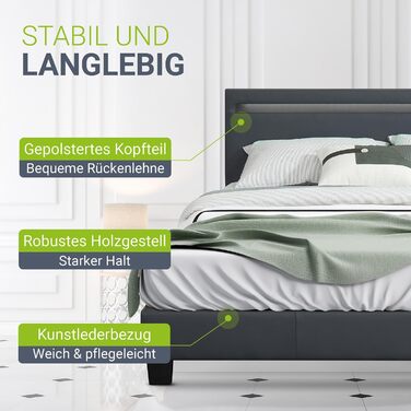 Ліжко Juskys Paris з м&39якою поверхнею 140x200 см зі світлодіодним освітленням, матрацом, рейковим каркасом та узголів&39ям - штучна шкіра та дерево - сіре - дитяче ліжко каркас ліжка темно-сірий 140 x 200 см