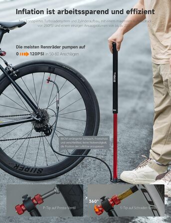 Велосипедний насос Tiakia з манометром, маленький велосипедний насос для всіх типів вентилів, алюмінієвий міні-насос, портативний насос для шин Schrader та Presta, шосейні та гірські велосипеди, 260 PSI/18 бар