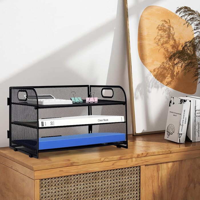 Органайзер для столу з ручкою, 3-ярусний лоток для листів, сітчасті відділення для документів формату А4, органайзер для паперових листів формату А4, лоток для документів, чорний.