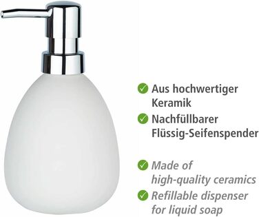 Дозатор для мила WENKO Polaris, багаторазовий дозатор для рідкого мила та лосьйону з високоякісної кераміки, 9,5 x 16 x 9 см, об'є
