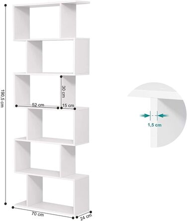 Ярусна книжкова полиця Mondeer, біла, S-подібна дерев&39яна полиця, офісна полиця з місцем для зберігання для вітальні та спальні, 70x24x190,5 см, 6-