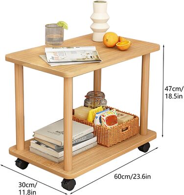 Дерев&39яний журнальний столик на колесах 2-рівневий маленький журнальний столик, 603050 см, обертовий на 360 градусів буфет з ніжками з масиву дерева, легко збирається, 2-рівнева відкрита полиця, маленький журнальний столик / столик для дивана