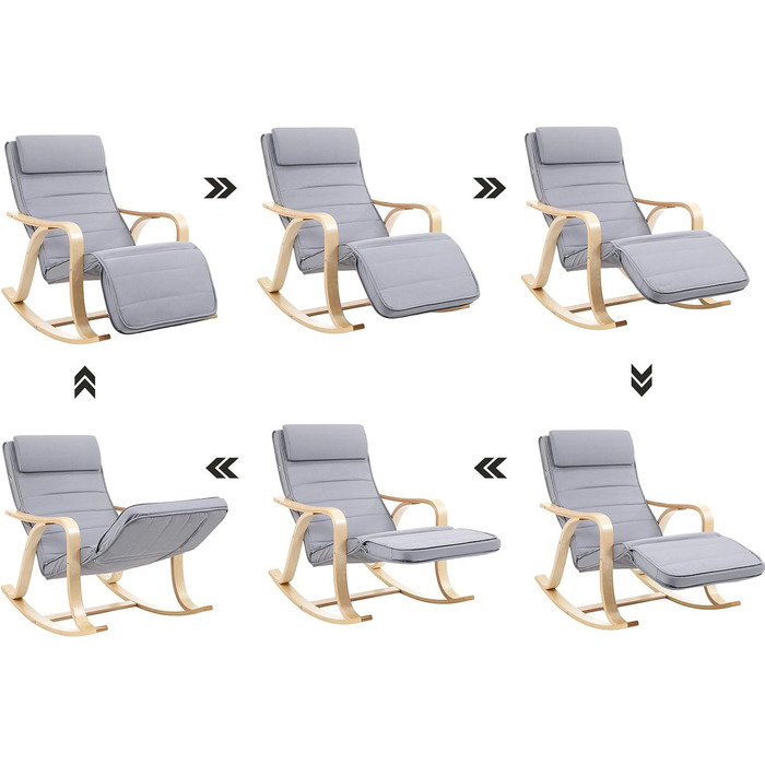 Крісло-гойдалка SONGMICS Birchwood, крісло-гойдалка, регульована підставка для ніг у 5 положеннях, бавовняний чохол, вантажопідйомність до 150 кг, вітальня, спальня, світло-сірий LYY41G, 67 x 125 x 91 см