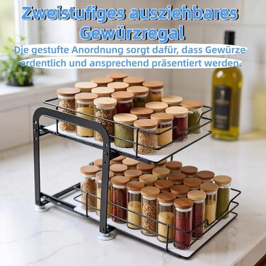 Розсувна 2-рівнева підставка для спецій, стояча шухляда для спецій, регульований по висоті органайзер для спецій з ПВХ-вставкою та присоскою, органайзер для кухонної шафи, стоячий, нековзний (28x24x23 см) 28*24*23