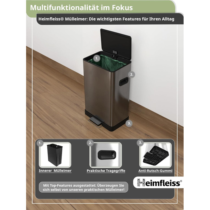 Відро для сміття Heimfleiss 50 л Педальне відро для сміття Дизайнерське прямокутне відро з нержавіючої сталі Сучасне відро для смі