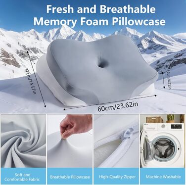 Подушка для шиї KEVIAN, ергономічної форми, охолоджувальна, без запаху, з високощільної піни з ефектом пам&39яті для сну на боці/спині/животі, з чохлом, який можна прати, 60x37x13/12 см