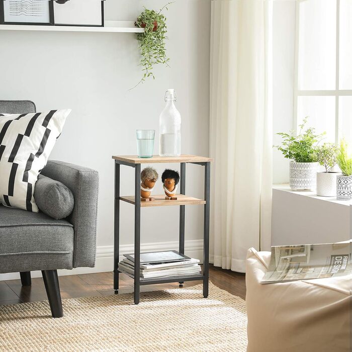 Журнальний столик VASAGLE, тумбочка, невеликий диванний столик, спальня, вітальня, легке складання, стабільний, сталевий каркас, індустріальний стиль, медово-коричневий-чорний LET201B05, 34 x 29 x 58 см, одинарний з полицею