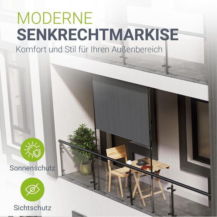 Вертикальний тент Juskys Barbados 200x310 см - Всепогодний ширма для балкону - Розсувний бічний тент без свердління для саду та балкону - Сірий 200 x 310 см