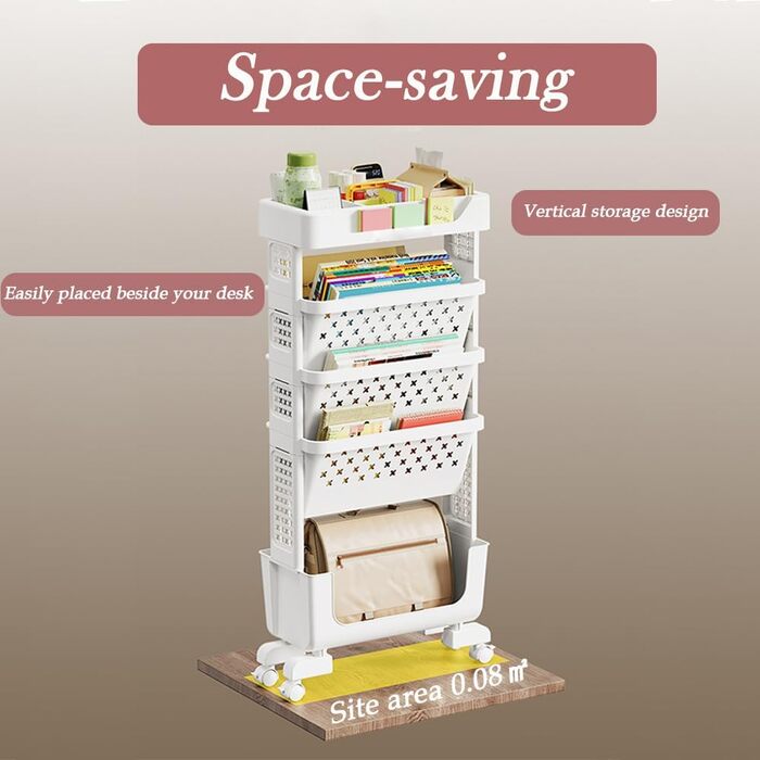 Мобільна книжкова полиця на колесах, органайзер для журналів/книг, візок для зберігання книг, 5-ярусна книжкова полиця на колесах для спальні, офісу та школи (біла)