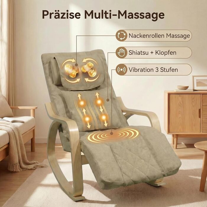 Масажне крісло-гойдалка, крісло-реклайнер, крісло для телевізора з 3-зонним масажем, масажне крісло з функцією підігріву, регульований підголівник та підставка для ніг, знімний чохол, вантажопідйомність 150 кг, світло-коричневий колір