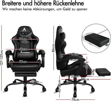 Крісло для відеоігор ALFORDSON, ергономічне офісне крісло, масажне гоночне крісло, висувна підставка для ніг, шкіра штучна, регулювання висоти та нахилу, вантажопідйомність 180 кг, чорний колір Vogler - чорний