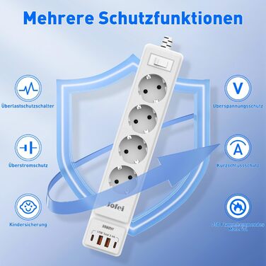 Мережевий фільтр 8 n 1 розетка з USB, 3680 Вт з вимикачем, захист від перенапруги 16А, багатоконтактна вилка з 2 розетками USB C д